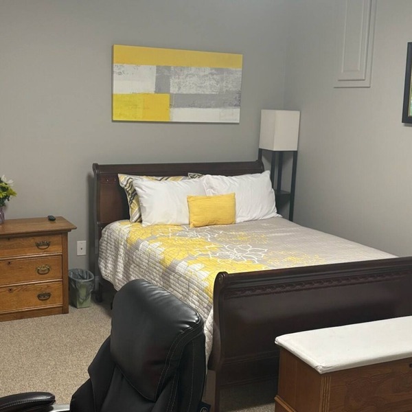 Full bed, closet, mounted tv. Entire apartment included at this fabulous rate.