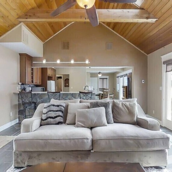 Lakefront house with great kitchen, fireplace, and deck.