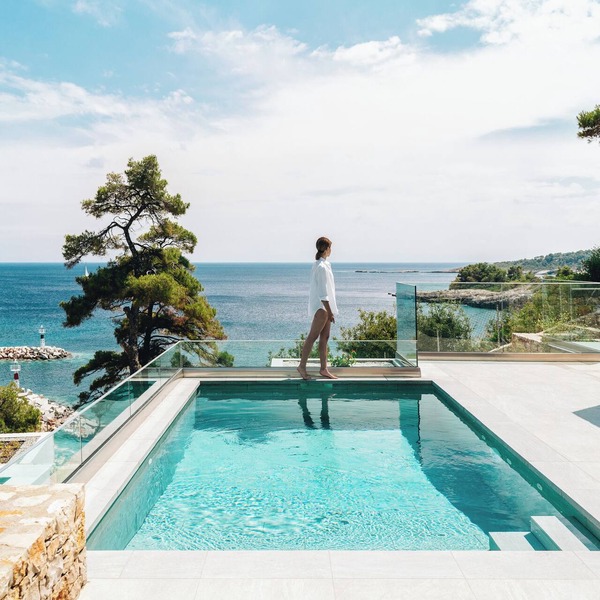 Ocean-front villa, private pool in Alonissos island, Greece. Panoramic sea view.
