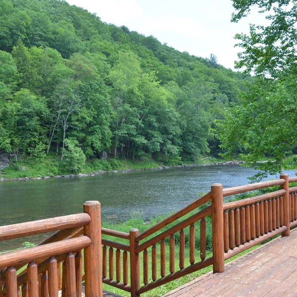 Spectacular Catskill Mountain River Front Custom Log Home