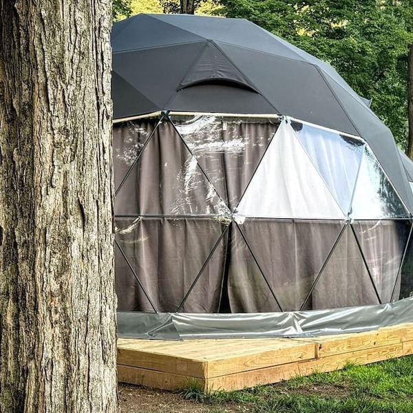 Starlit Geodesic Dome Haven Overlooking a Mountain River in New York’s Catskills