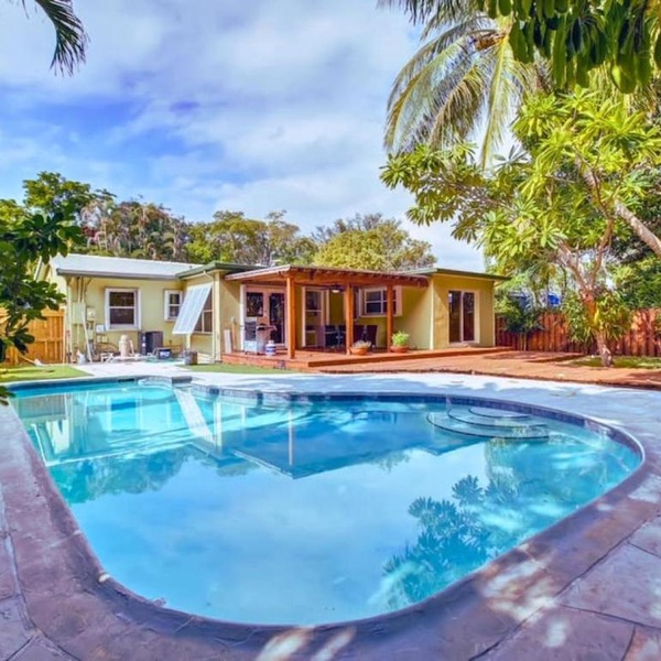 Tranquil Poolside Bliss Pergola Deck Turf Yard