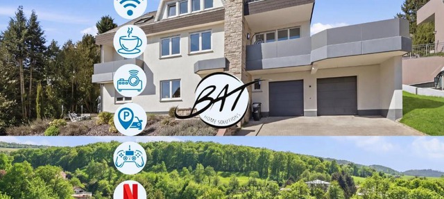 BAT Home Solutions Trierweiler - alles was ein Hotel nicht bietet - 5 Apartments 40 bis 120 qm für bis zu 29 Personen - 5-Raum-Apartment barrierefrei - 60 qm Balkon mit Blick bis Luxemburg - einzeln bis komplett buchbar - 3 Min zur A64