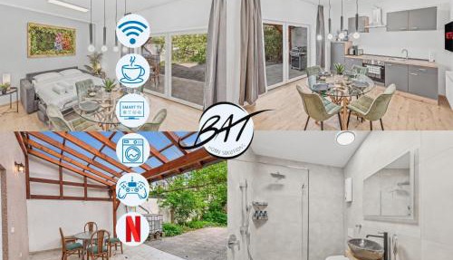 BAT Home Solutions Trier - alles was ein Hotel nicht bietet - Apartment mit STERNEN-Schlaf - ruhig im privaten hist Innenhof-Terrasse-Grill-Pergola - 5 Min zur Altstadt - direkt am Südbahnhof - für bis zu 4 Personen