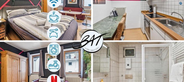 BAT Home Solutions Trier-Euren - alles was ein Hotel nicht bietet - 35 qm Ferienwohnung, Heimkino, Wallbox, Küche für 4 Personen