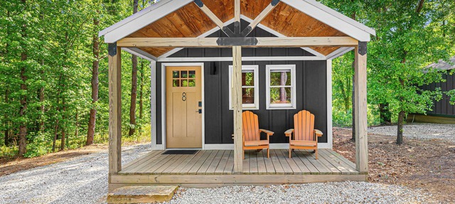 Cabin #8: Studio style layout with kitchenette and a large gravel parking pad beside the cabin for easy boat or trailer storage.