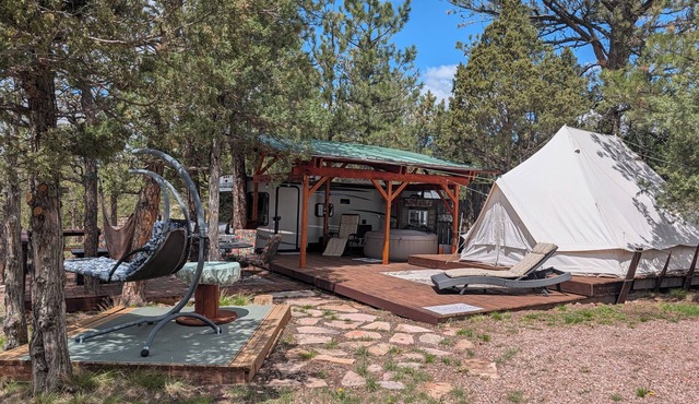 29ft Alpha Wolf RV PLUS Sibley double bell tent COMBO! @EvansCliff, Hot Tub!