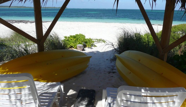 A luxury beachfront villa, surrounded by palms, with superb views of Winding Bay