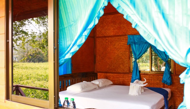 a room with rice fields view