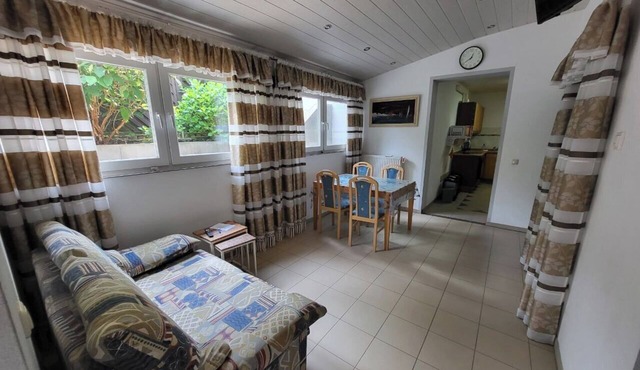 Apartment with bedroom and living area.