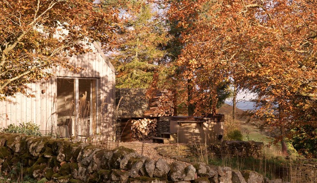 Architect-designed cabin in the hills near Edinburgh. Wood-fired hot tub.