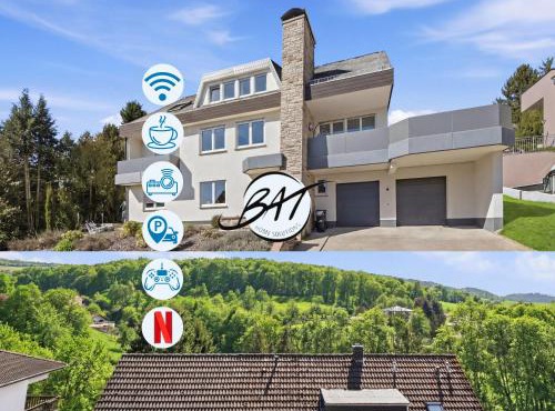 BAT Home Solutions Trierweiler - alles was ein Hotel nicht bietet - 5 Apartments 40 bis 120 qm für bis zu 29 Personen - 5-Raum-Apartment barrierefrei - 60 qm Balkon mit Blick bis Luxemburg - einzeln bis komplett buchbar - 3 Min zur A64