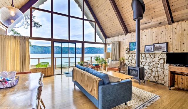 Beachfront A-frame home with beach access, firepit, fireplace, grill, foosball