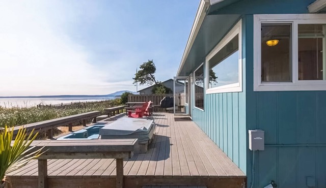 Beachfront house overlooking Dungeness Bay with hot tub