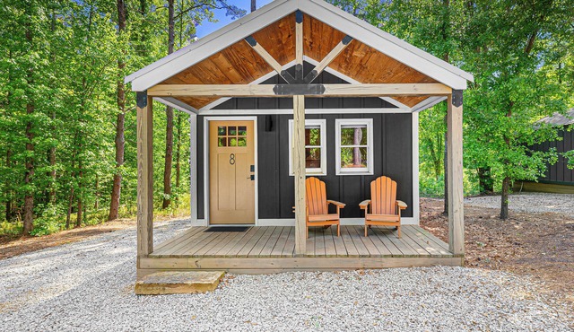 Cabin #8: Studio style layout with kitchenette and a large gravel parking pad beside the cabin for easy boat or trailer storage.