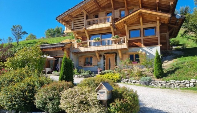 Chalet with panoramic mountain views, south-facing and cosy interior
