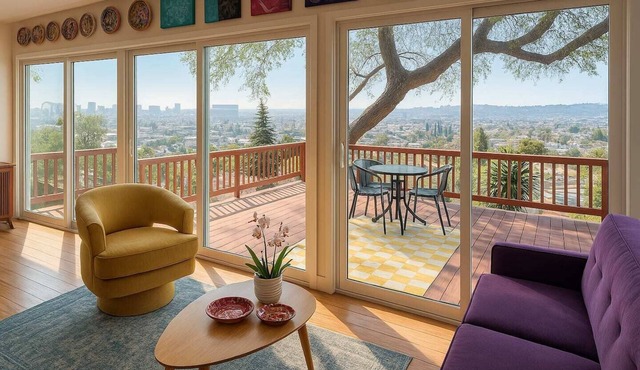 Charming Echo Park bungalow with DTLA views! Steps from Elysian Park & Dodger Stadium, this gallery & artist retreat blends vintage charm with modern comfort. Once home to painter Barbara Romain, now lovingly preserved by Boho House Collective.