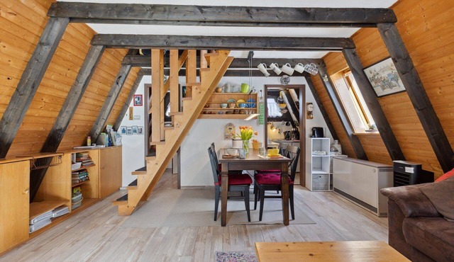 Charming pointed roof house by a bathing lake in the Franconian Forest
