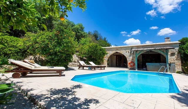Charming Stone Villa, Private Pool, Jacuzzi, Beautiful Views to the Orange Groves in Miliou Village!
