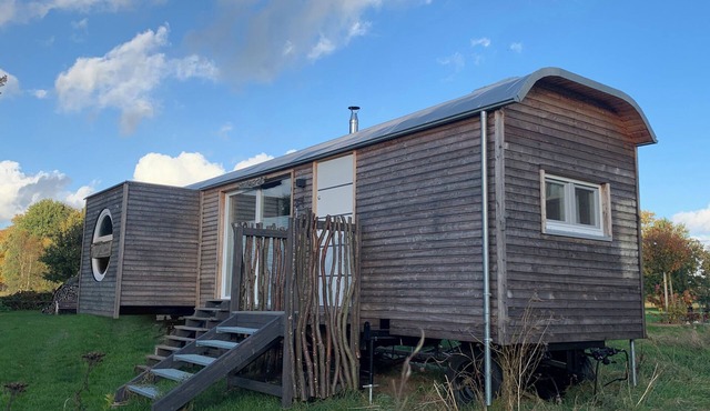 Circus wagon on wheels, Tinyhouse, Tinyhaus, on a green field, near Hamburg