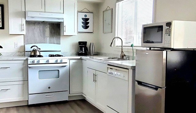 Corner studio with full kitchen, 800 sq ft- Sunny views include Mt. Susitna