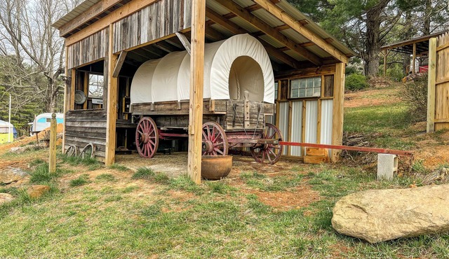 Covered Wagon Overlooking Pond