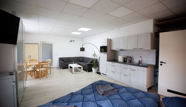 Deluxe Double Studio with kitchen line, bathroom, Shower, Toilet & king bed