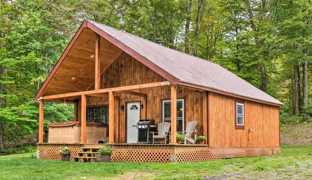 Designed for slow mornings and star-filled nights, this secluded Northeast Kingdom escape features a year-round heated hot tub and private pond.