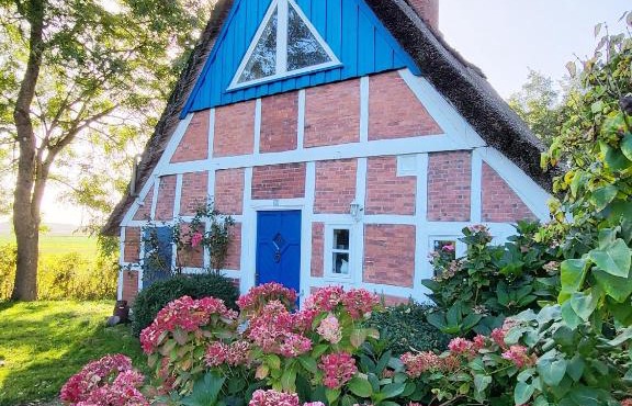 Die blaue Reetdachkate am Deich