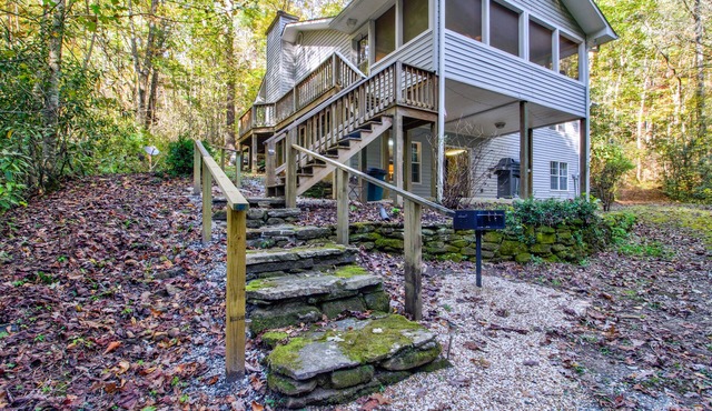 Dog-friendly creekfront cabin on 2.5 wooded acres with game room, screened porch