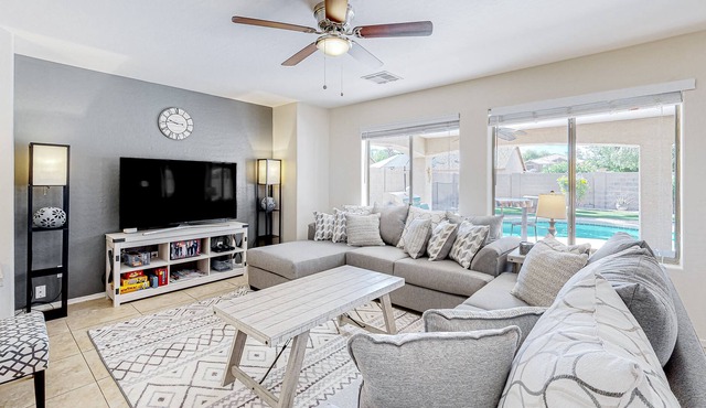 Dog-friendly home with private pool, fire table, grill, patio, enclosed yard, AC