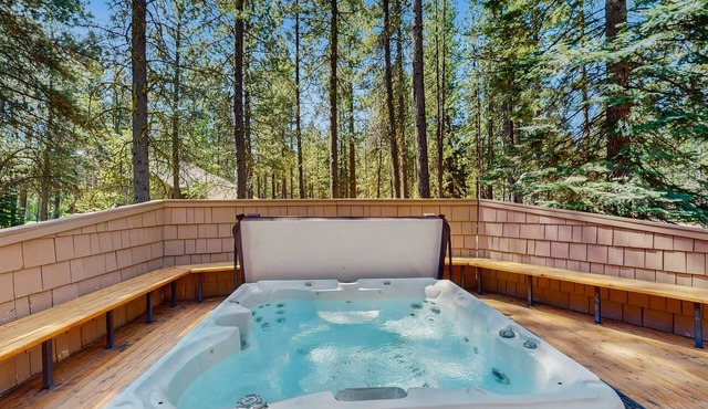 Dog-friendly cabin with pool, sauna, private hot tub, & great deck