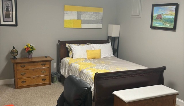 Full bed, closet, mounted TV, with apartment amenities at this fabulous rate.