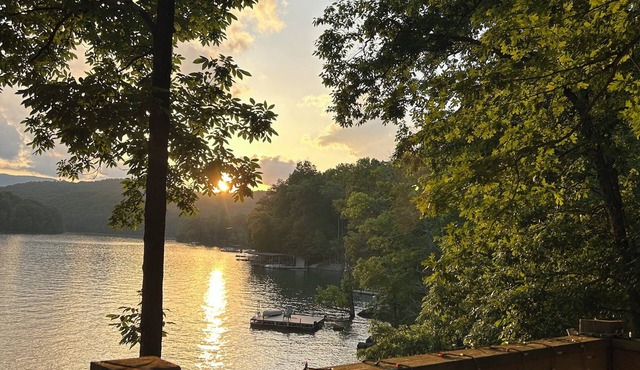 Hickory Harbor lakefront w/dock, grilling deck, and play yard on shady lot!