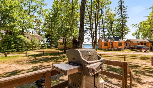 Lakefront cabin at Scott’s Twin Lake Resort with swimming beach, docks & firepit
