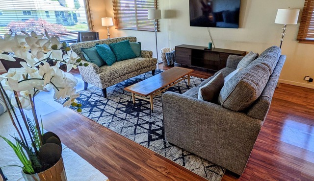 Large kitchen and game room close to parks, restaurants