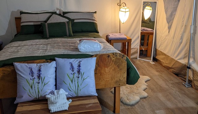 Lavender Glamping Tent with heater , mini fridge and fire pit.
