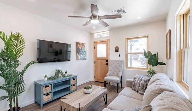 Located downtown this 1 bedroom 1 bathroom is fully remodeled with your own dedicated electric vehicle charger .