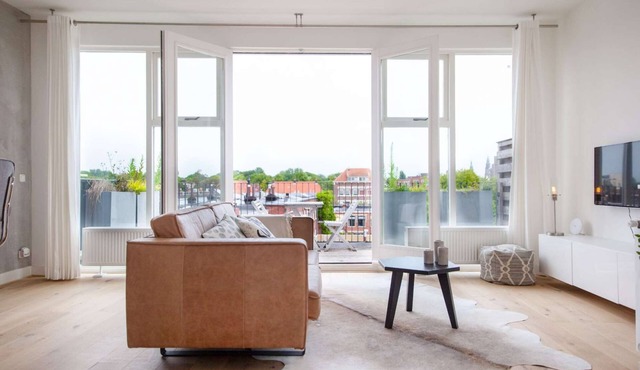 Luxurious rooftop penthouse with rooftop terrace, a balcony, bath, duo shower