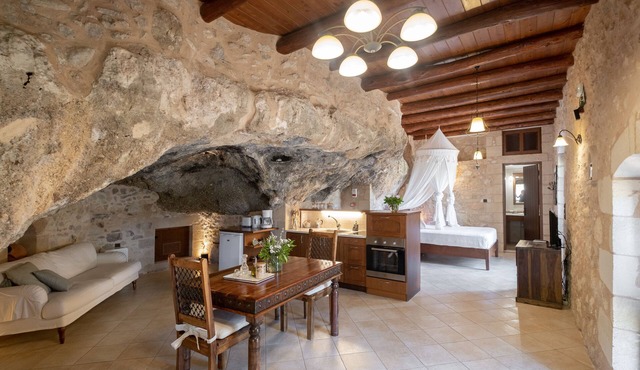 Luxurious stone cave with pool and sea view