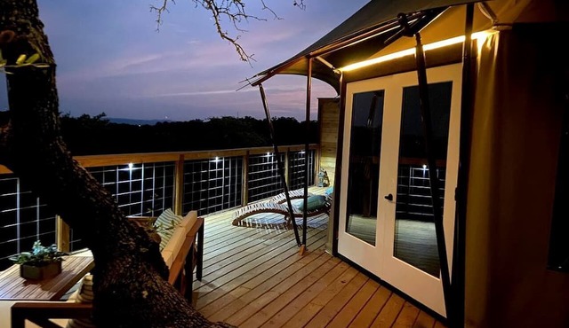 Luxury Hilltop Safari Tent with Private Hot Tub near Lake Travis in Marble Falls, Texas