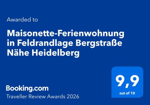 Maisonette-Ferienwohnung in Feldrandlage Bergstraße Nähe Heidelberg