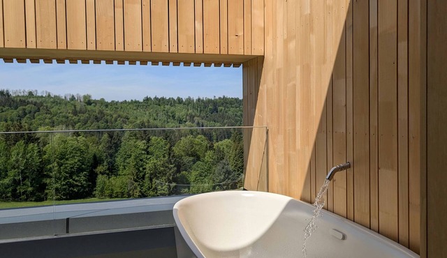 Modern design apartment with a view of the valley. With sauna, roof terrace, outdoor bathtub and custom-made furnishings. Perfect for two adults who appreciate peace and quality.