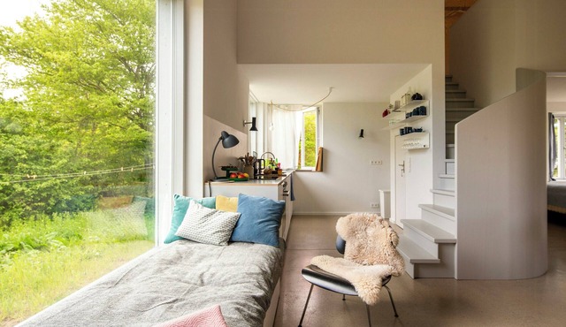 Modern timber house with wildflower garden view