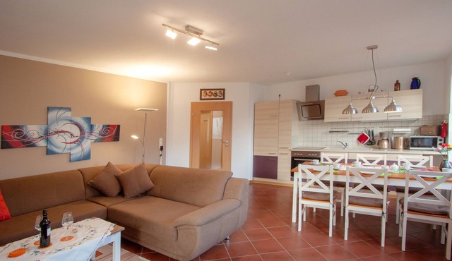 Modern vacation apartment 250 m to the lake, south-facing terrace and barbecue, fully fenced.