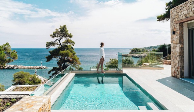 Ocean-front villa, private pool in Alonissos island, Greece. Panoramic sea view.