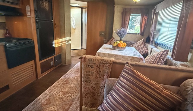 Ojai Pixie Suite unique warm, spacious contemporary trailer, down, silk decor