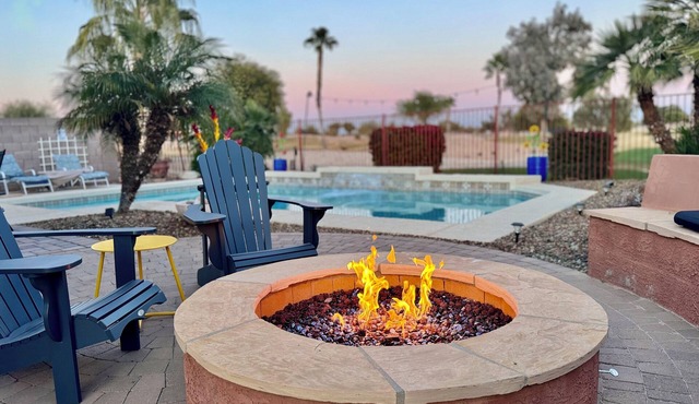 Refreshing Pool, backyard oasis, golf course views, fire pit, master suite