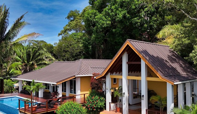 Relax at this hillside retreat that overlooks the lush forest and the Caribbean.