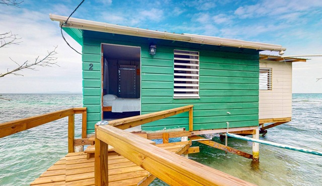 Rustic oceanfront cabin w/overwater kitchenette, sea views & private deck